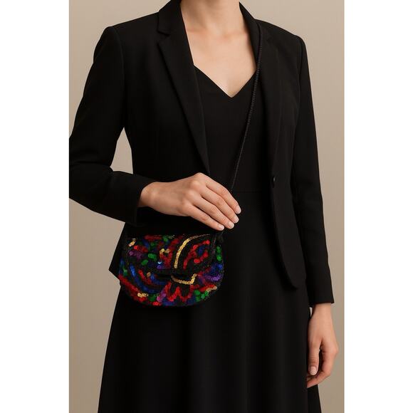 Unbranded Handbags - Vintage Multicolor Sequin Clutch Purse 8” Evening Bag Black Cord Strap Preowned